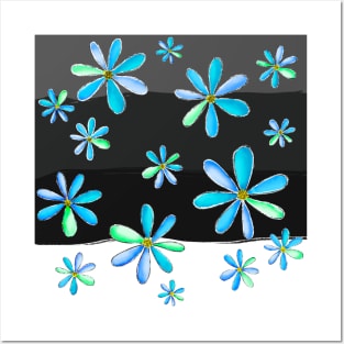 A Cascade of Daisies - Hand Drawn Design with Fresh Blue & Green Petals Posters and Art